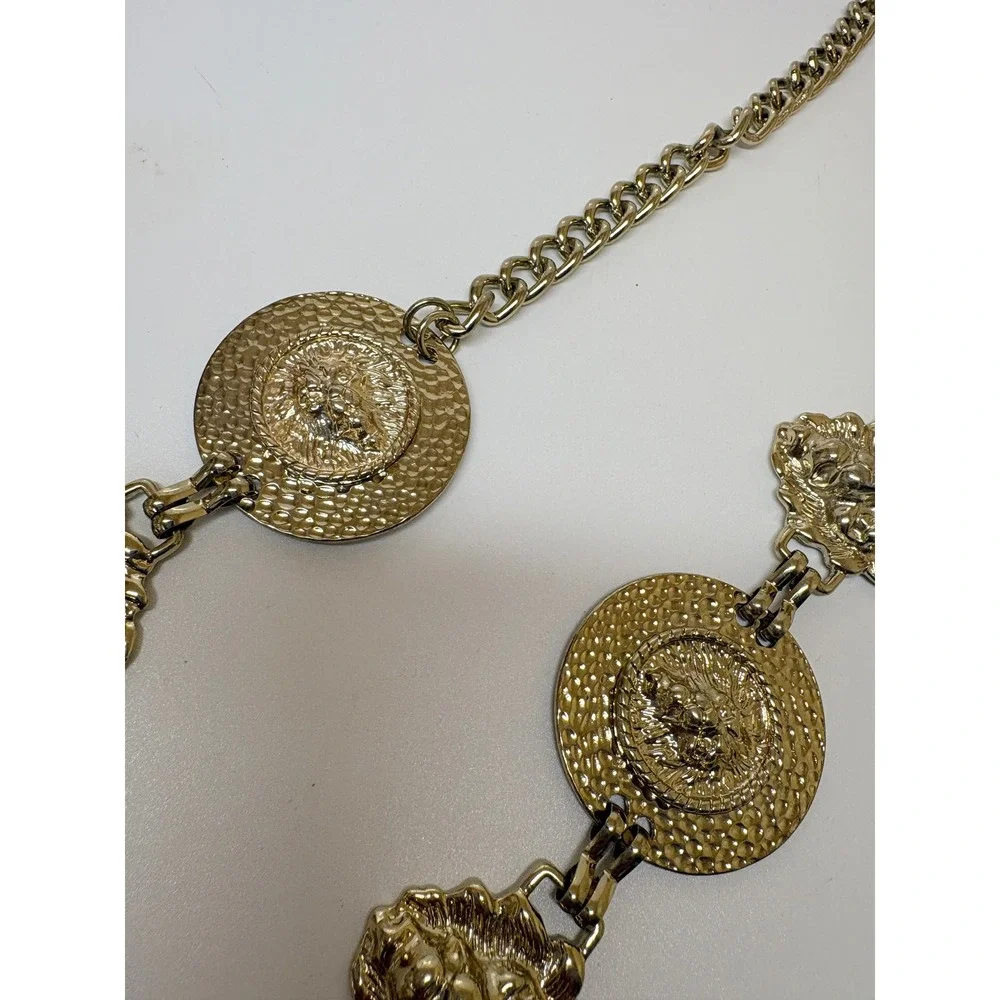 Vintage Gold Tone Lion Head Medallion Chain Belt Necklace Hammered Coin  36in